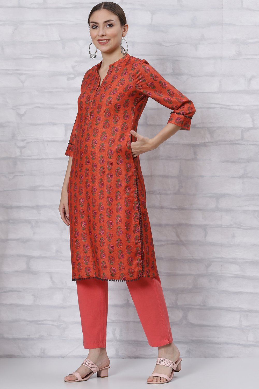 Orange Poly Cotton Straight Kurta image number 2